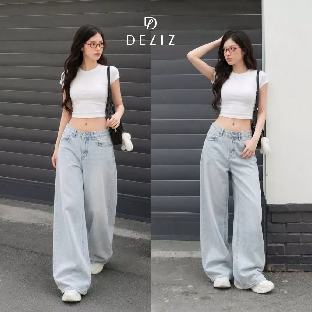 DELIZ - Quần jean nữ ống rộng cạp thấp tôn dáng chất liệu jean denim mềm cao cấp J420 (đã cắt sẵn khuy)