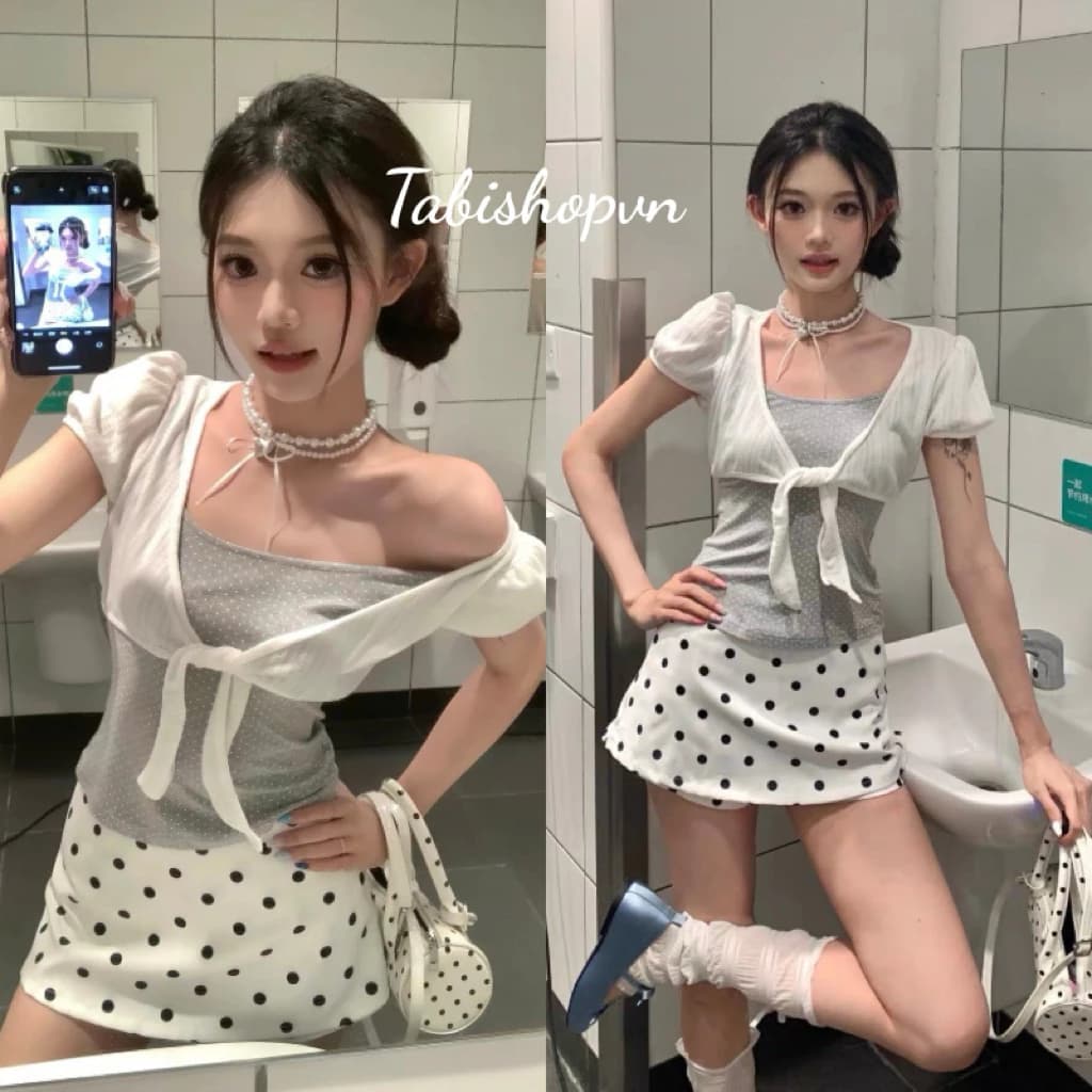 Set Áo sát nách chấm bi  khoác croptop kèm chân váy ngắn TABISHOP Set đồ nữ Áo kiểu nữ dễ thương dễ phối đồ(347)