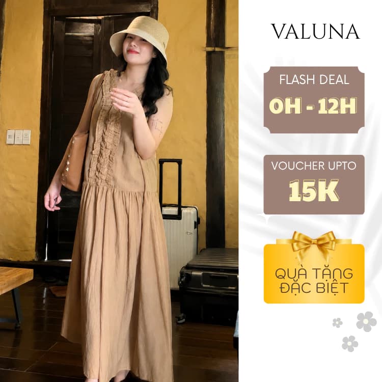 Váy Nữ Chất Đũi Mềm Cổ V Bèo Nhún Form Dài Rộng Thanh Lịch Du Lịch VALUNA STORE 2672