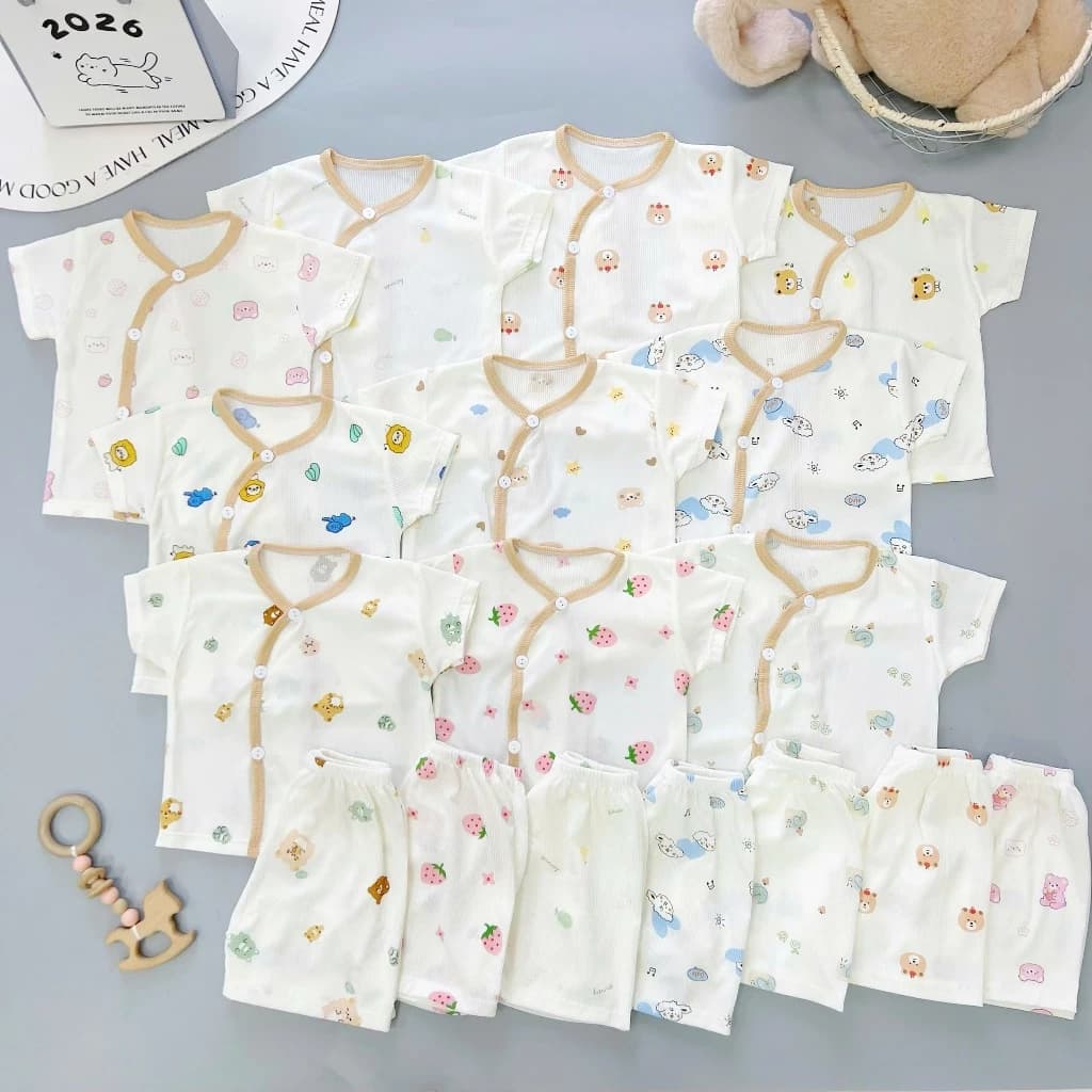Bộ Quần Áo Cộc Tay Cho Bé Boonhouse Chất Tăm Lạnh Cúc Chéo Sơ Sinh Có Họa Tiết Đáng Yêu 3-9kg