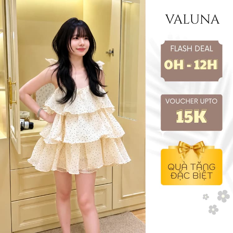 Set Váy Nữ Chấm Bi Bèo Tầng Form Xòe Tiểu Thư Hack Dáng Đi Chơi VALUNA STORE 2674