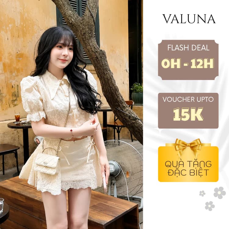 Set Váy Nữ Ren Thêu Cổ Sen Tay Bồng Chân Váy Ngắn Tiểu Thư Sang Xinh VALUNA STORE 2673