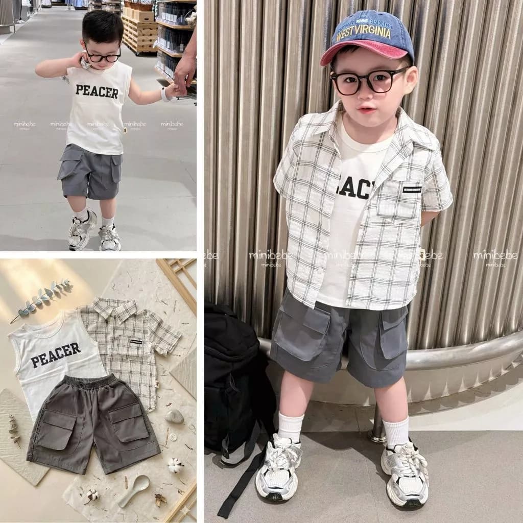 Đồ bé trai 3 chi tiết, Quần áo bé trai áo ba lỗ phối sơ mi caro quần túi hộp cho bé đi học [9-24kg]