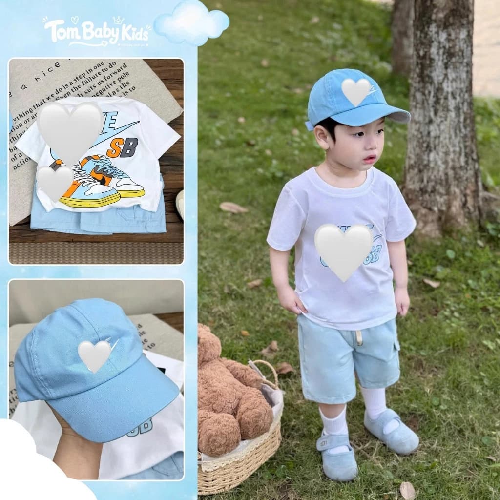 Bộ cộc tay bé trai, Set áo phông cộc tay bé trai mùa hè TẶNG MŨ in hình siêu bền Tom Baby Kids