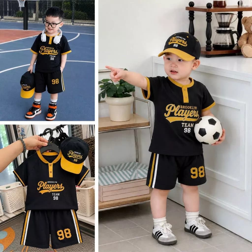 Đồ bộ bé trai thể thao, Quần áo bé trai bóng đá chất cotton mềm mát KÈM MŨ cứng cáp TEAM 98 [9-24kg]