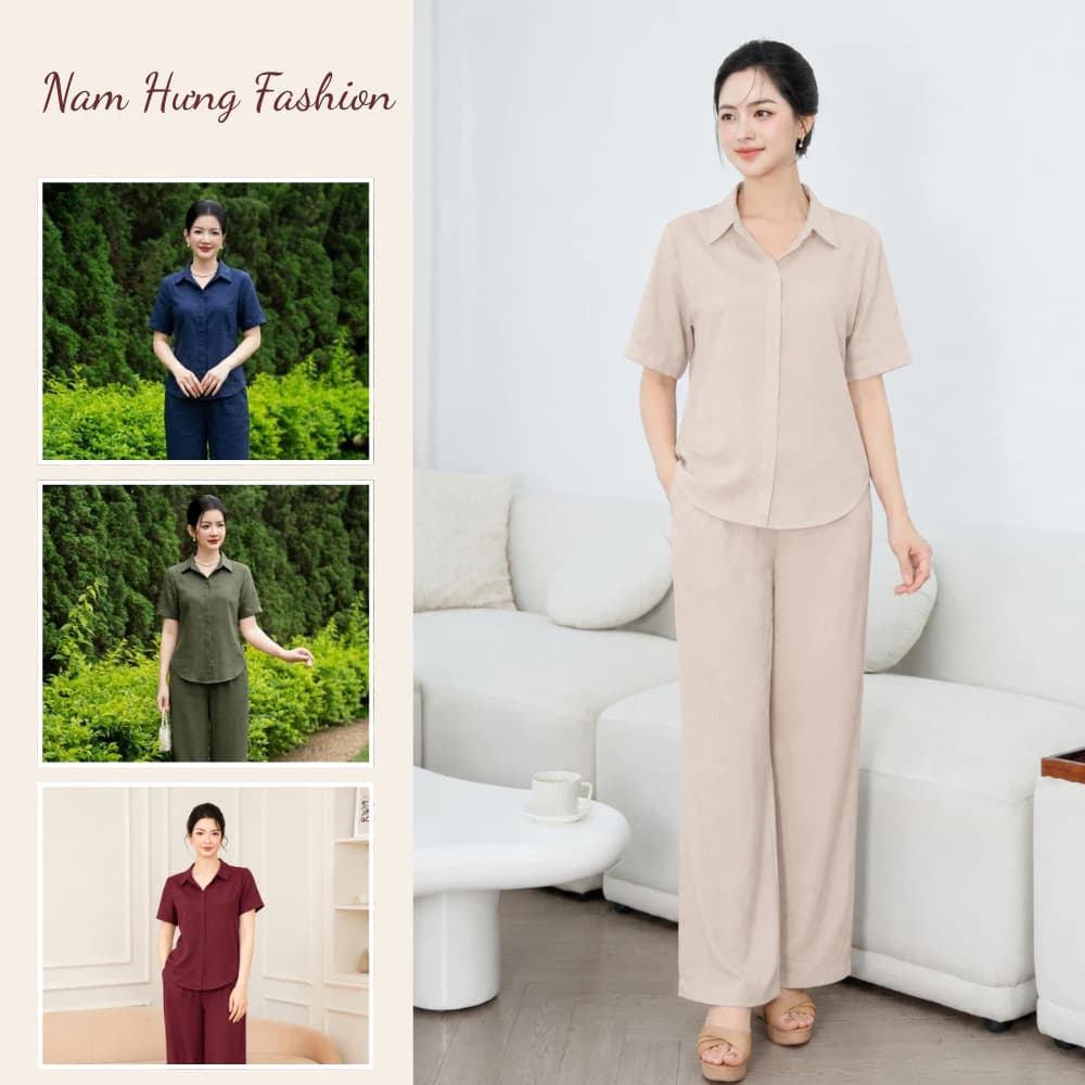 Set Sơ mi cộc tay chất đũi mềm mại mịn màng thoáng mát, Form áo vừa kết hợp quần ống xuông cạp chun - Nam Hưng fashion