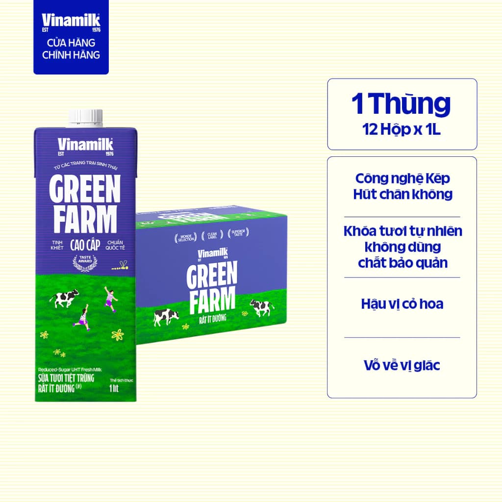 Thùng 12 Hộp Sữa tươi tiệt trùng Rất ít đường Vinamilk Green Farm - Hộp 1L