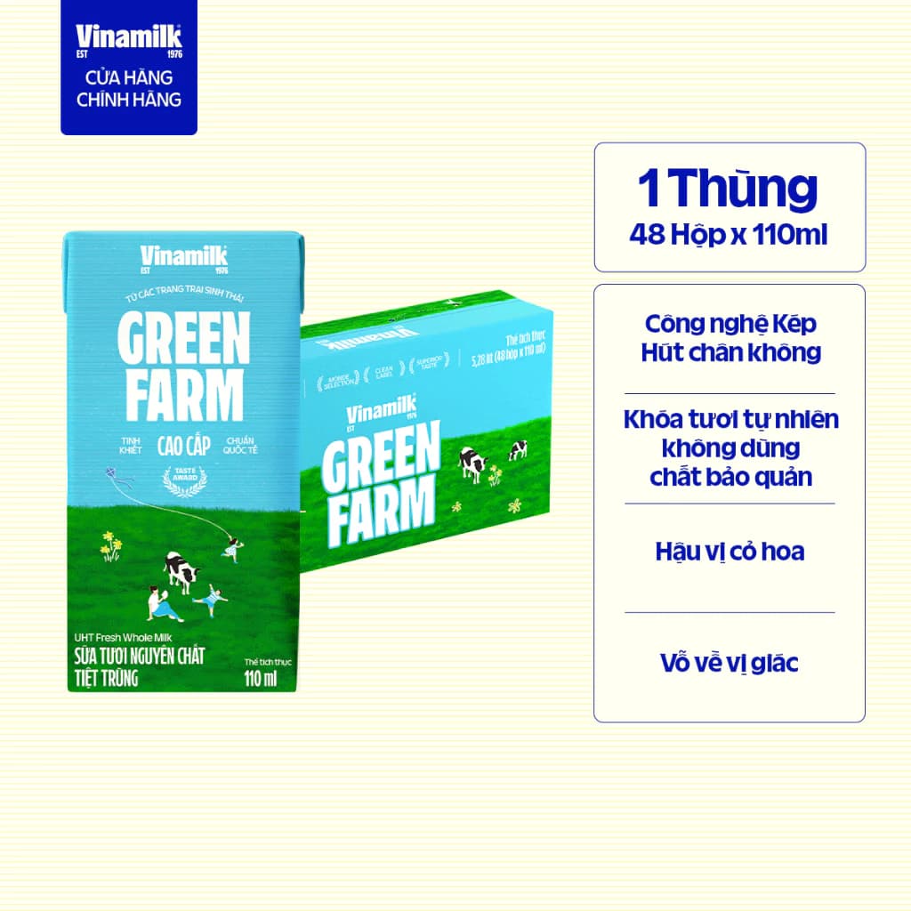 Thùng 48 hộp Sữa tươi nguyên chất tiệt trùng Green Farm 100% Không đường Hộp 110ml