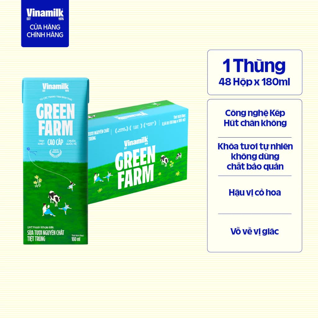 Thùng 48 hộp Sữa tươi nguyên chất tiệt trùng Green Farm 100% không đường Hộp 180ml