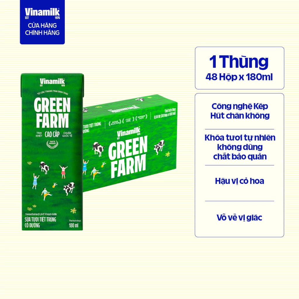 Thùng 48 Hộp Sữa Tươi Tiệt Trùng Vinamilk Green Farm có đường Hộp 180ml