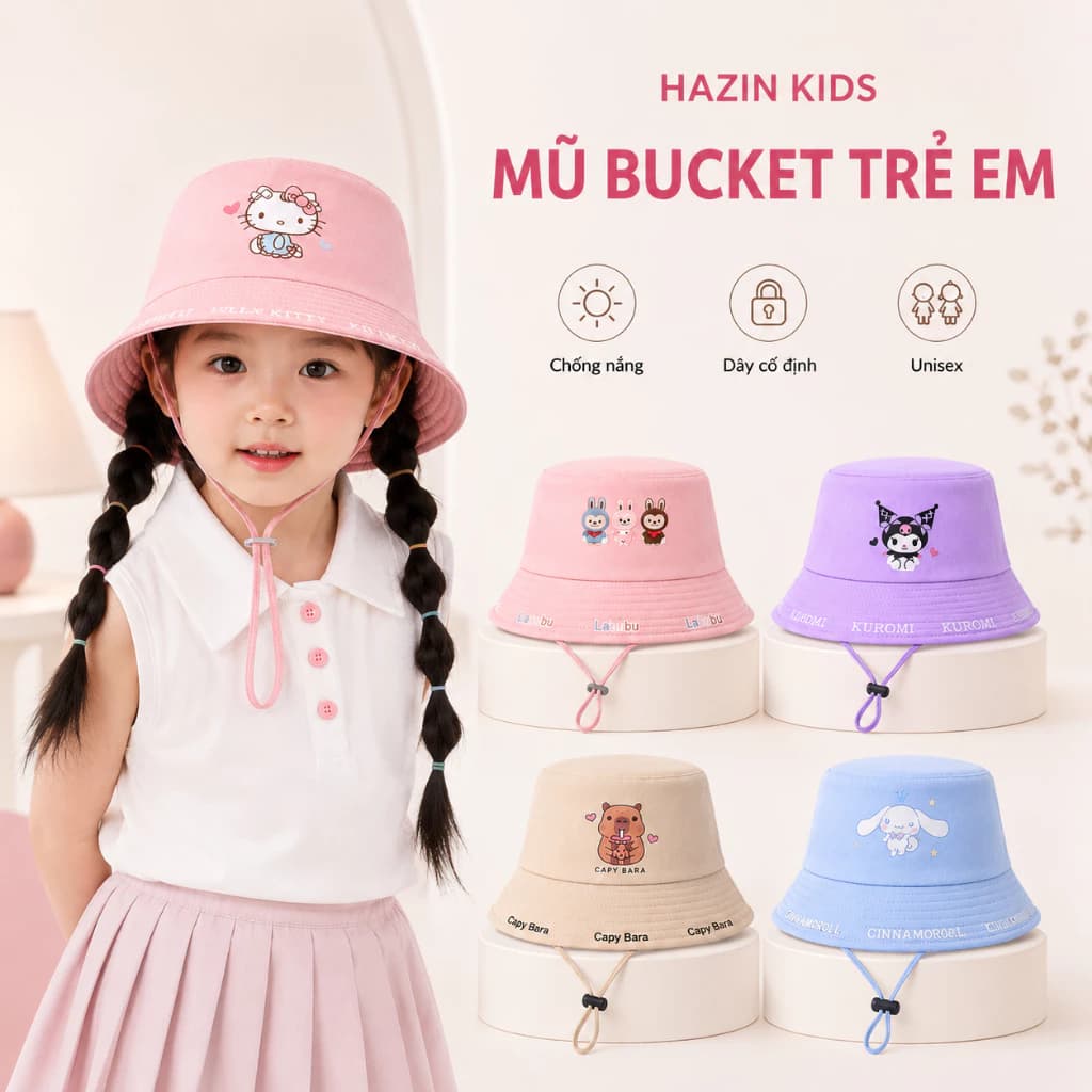 Mũ bucket vành cụp cho bé từ 3-8 tuổi cá tính dễ thương vải cotton dày dặn, nón tai bèo vành tròn phong cách