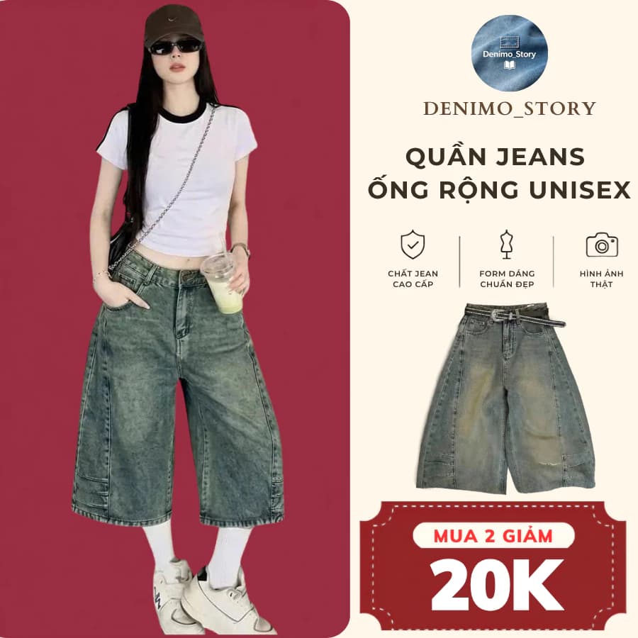 Quần short jeans ống rộng nữ Denimo, quần short bò dáng lửng suông Unisex phong cách Hàn Quốc