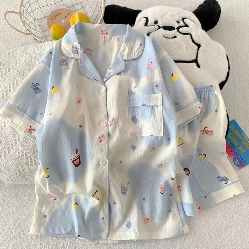 [Sẵn] Bộ ngủ pyjama nữ mặc nhà áo cộc quần cộc nhiều hoạ tiết đáng yêu chất đũi thoáng mát 281