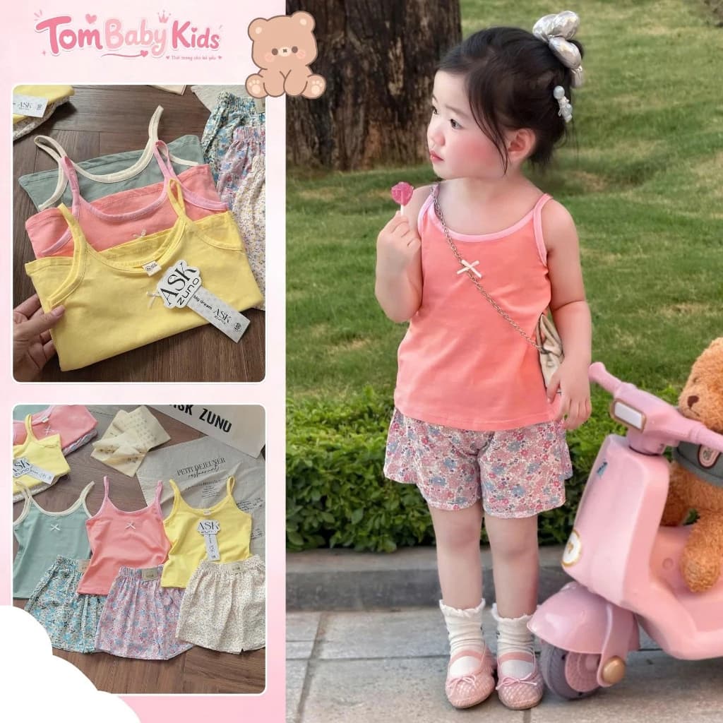 Set 3 bộ 2 dây cho bé gái, combo 3 bộ đồ bé gái họa tiết dễ thương, chất mát lạnh, co giãn tốt Tom Baby Kids SET-136-HN