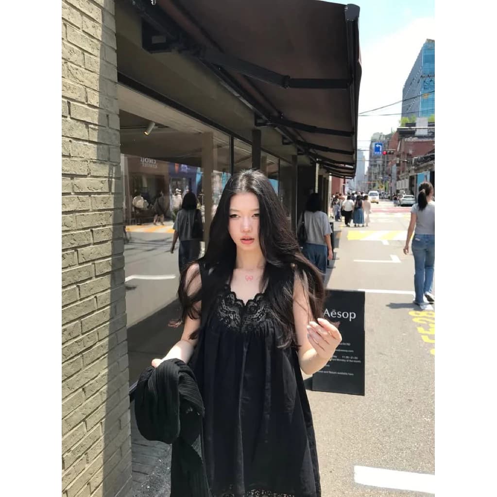 TIBU - Đầm Babydoll Cổ V Dáng Ngắn Phối Ren Đơn Giản Xinh Xắn Đi Chơi Dạo Phố Mùa Hè D778