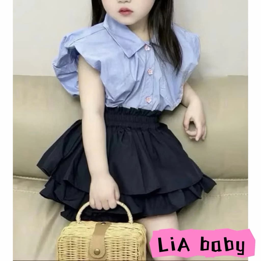 [Mới về ] Set sơ mi tay bồng kèm chân váy xoè tầng siêu xinh cho bé gái diện đi học ,đi chơi (9-35kg) -G6