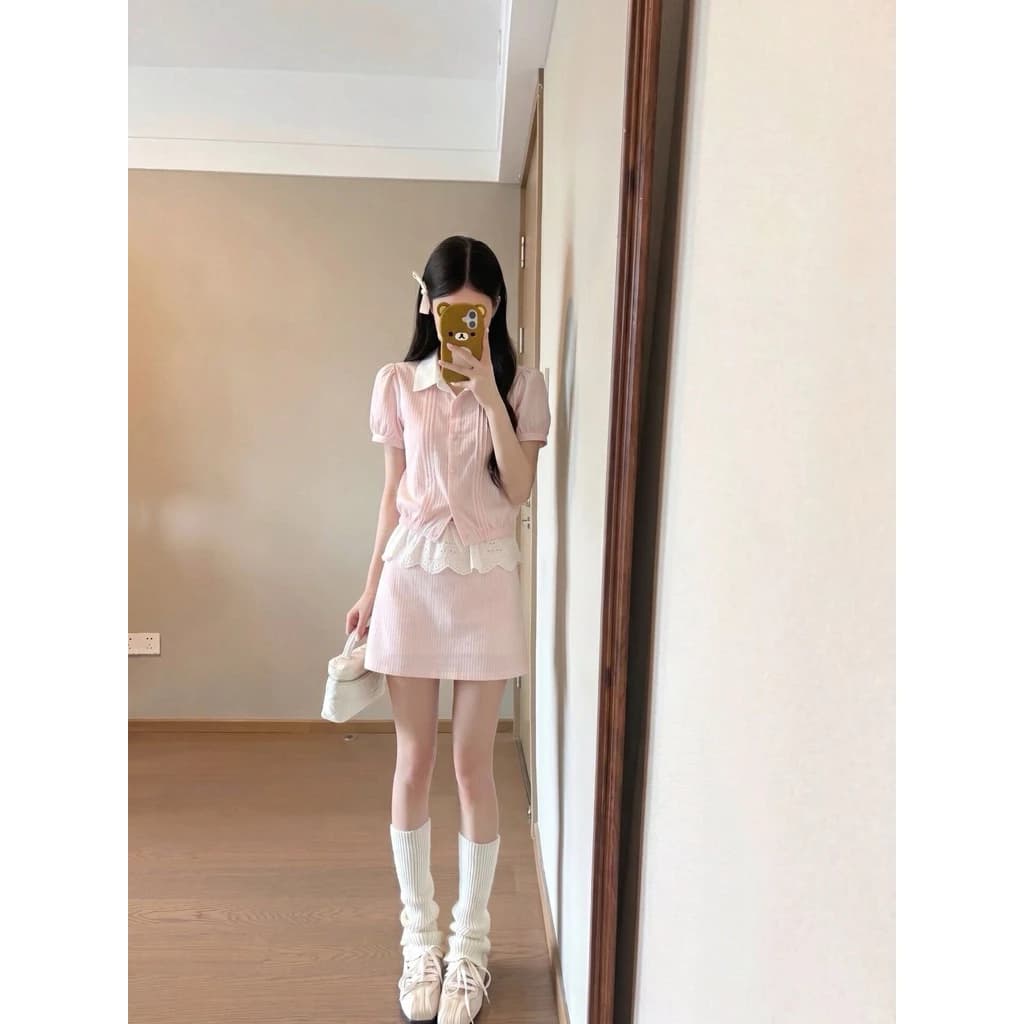 Set Áo Sơ Mi Phối Ren Kèm Chân Váy Ngắn Nữ Hàn Quốc, Set Tiểu Thư Màu Hồng Ngọt Ngào Tôn Dáng Hot Trend 🌸💕