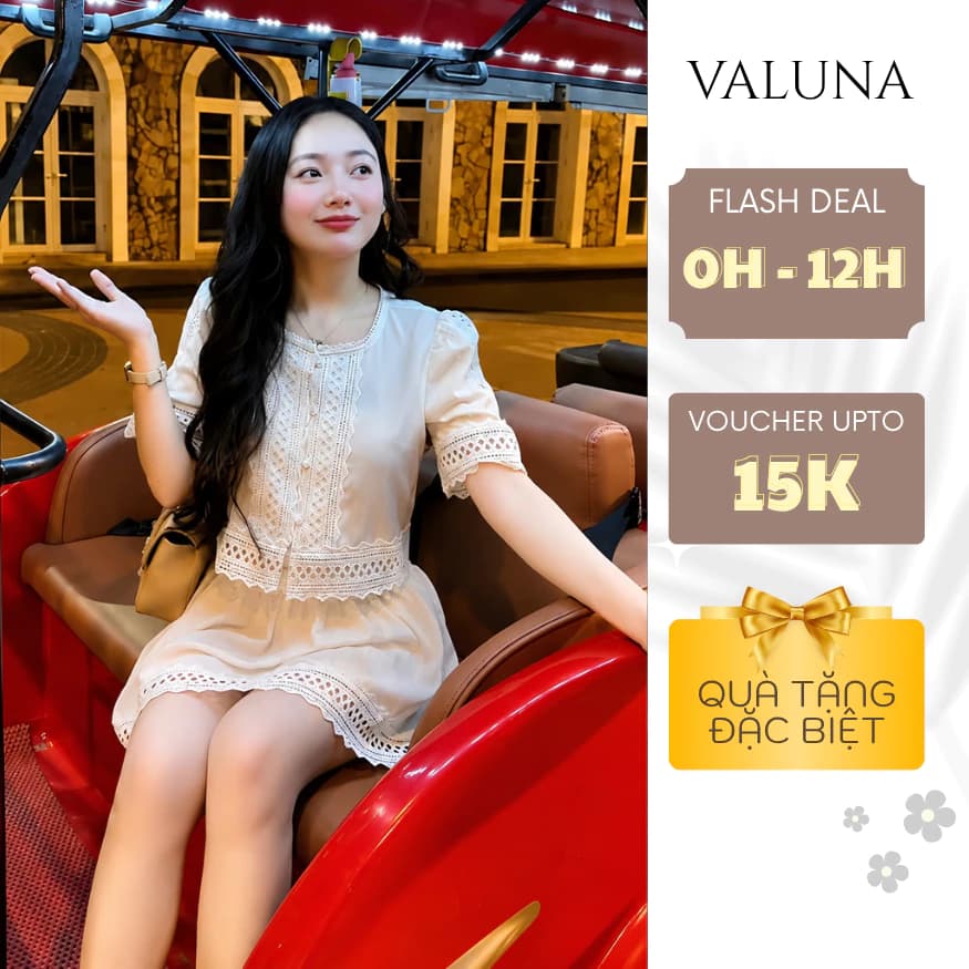 Set áo ren cổ tròn phối chân váy ngắn nữ tiểu thư Hàn Quốc thanh lịch cao cấp VALUNA STORE 2626