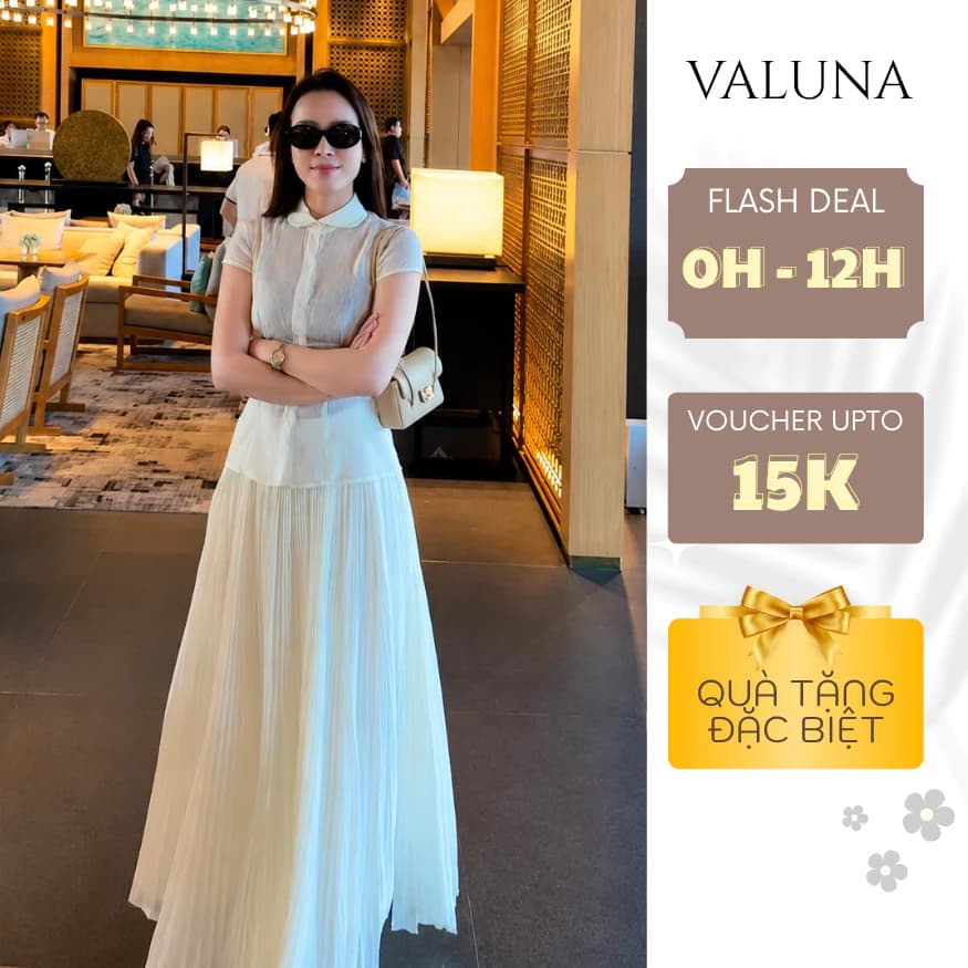 Set Áo Cổ Đức Phối Chân Váy Dập Ly Dài Thanh Lịch Tôn Dáng Sang Trọng VALUNA STORE 2660