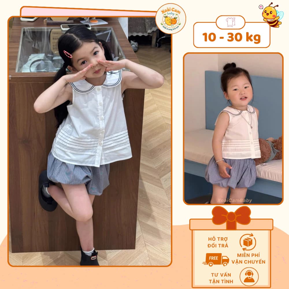 Set Bé Gái Áo Trắng Cổ Sen Phối Quần Sọc Caro Xanh Cao Cấp - Bộ Quần Áo Bé Gái Đi Học Mùa Hè -M58