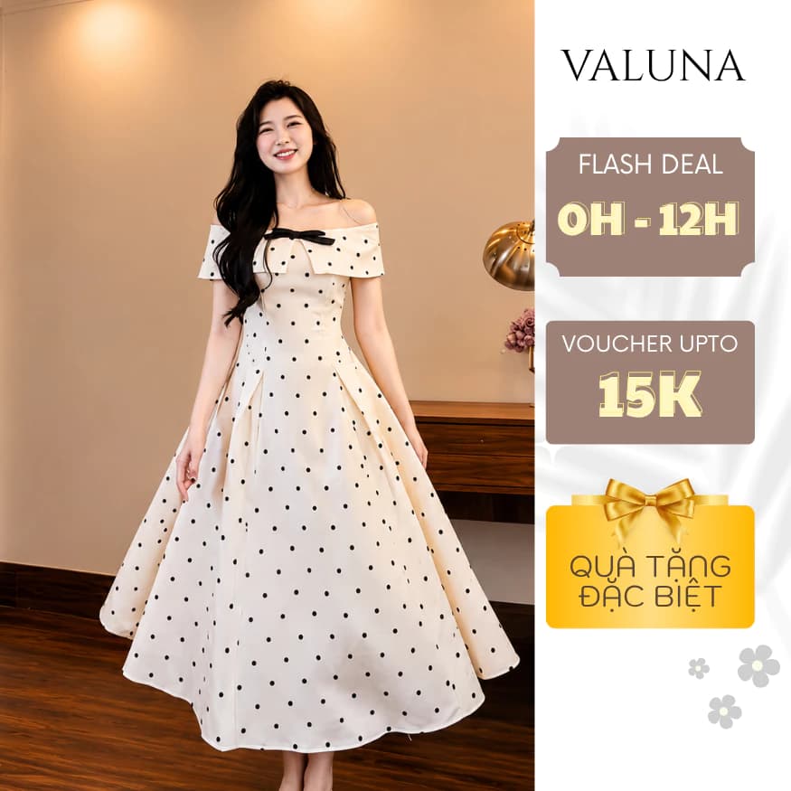 Đầm Chấm Bi Trễ Vai Nơ Ngực Dáng Xòe Dài Thanh Lịch Tiểu Thư Hàn Quốc Cao Cấp VALUNA STORE 2678