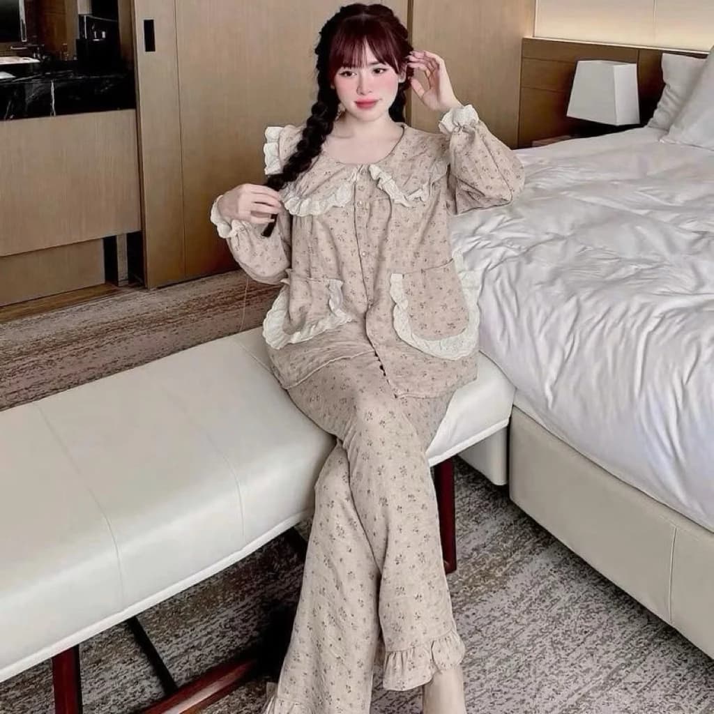 BỘ DÀI TAY HOa Nhí Cổ Bèo Phối Túi Áo Chất Đũi Mềm Mát Mịn Nhẹ Nhàng Mặc Được Quang Năm tiện lợi Hĩ
