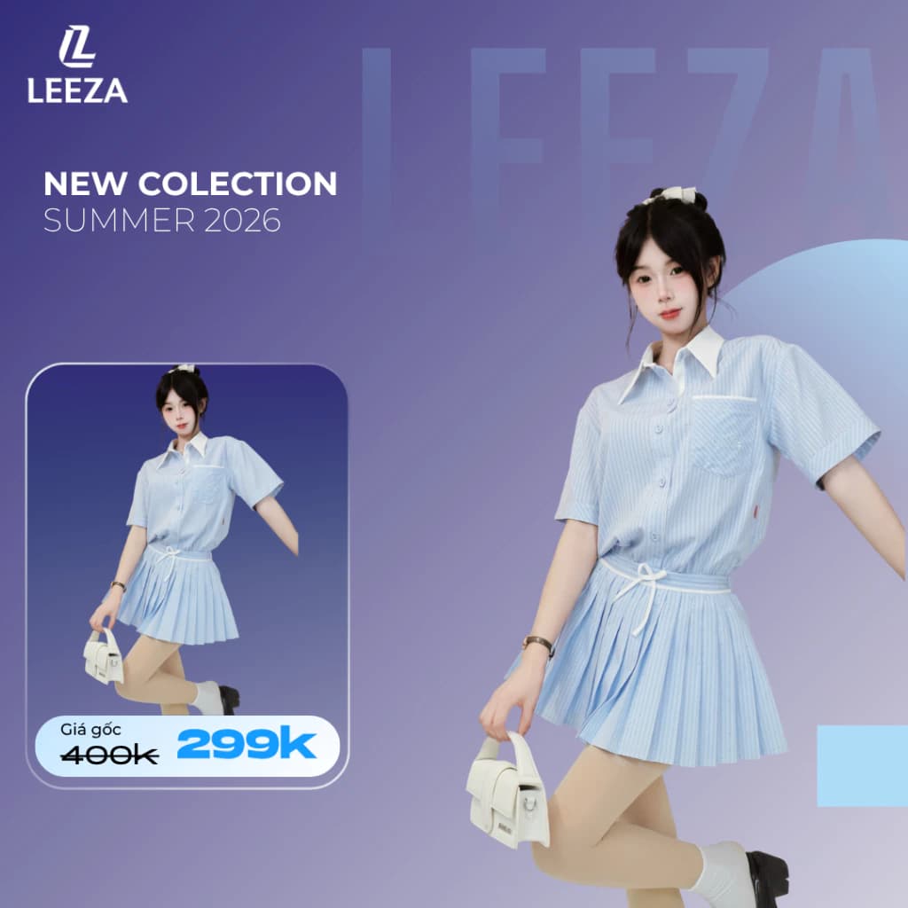 LeeZa - Váy Thiết Kế Dáng Sơ Mi Kẻ Xanh Đính Đá  Xoè Xếp Li Dress VL2