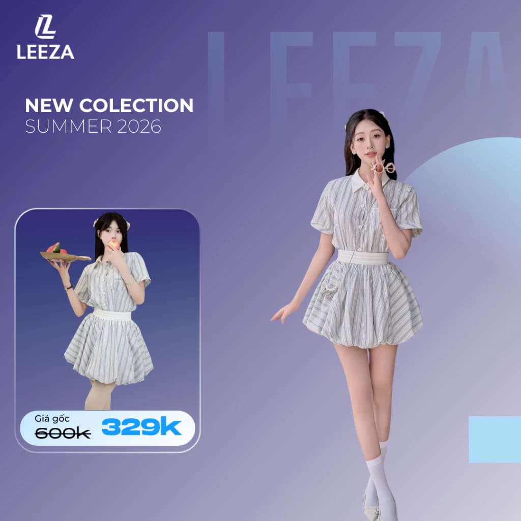 LeeZa - Sét Áo Sơ Mi Kẻ Xanh Thêu Và Chân Váy Dáng Phồng Dress SV2