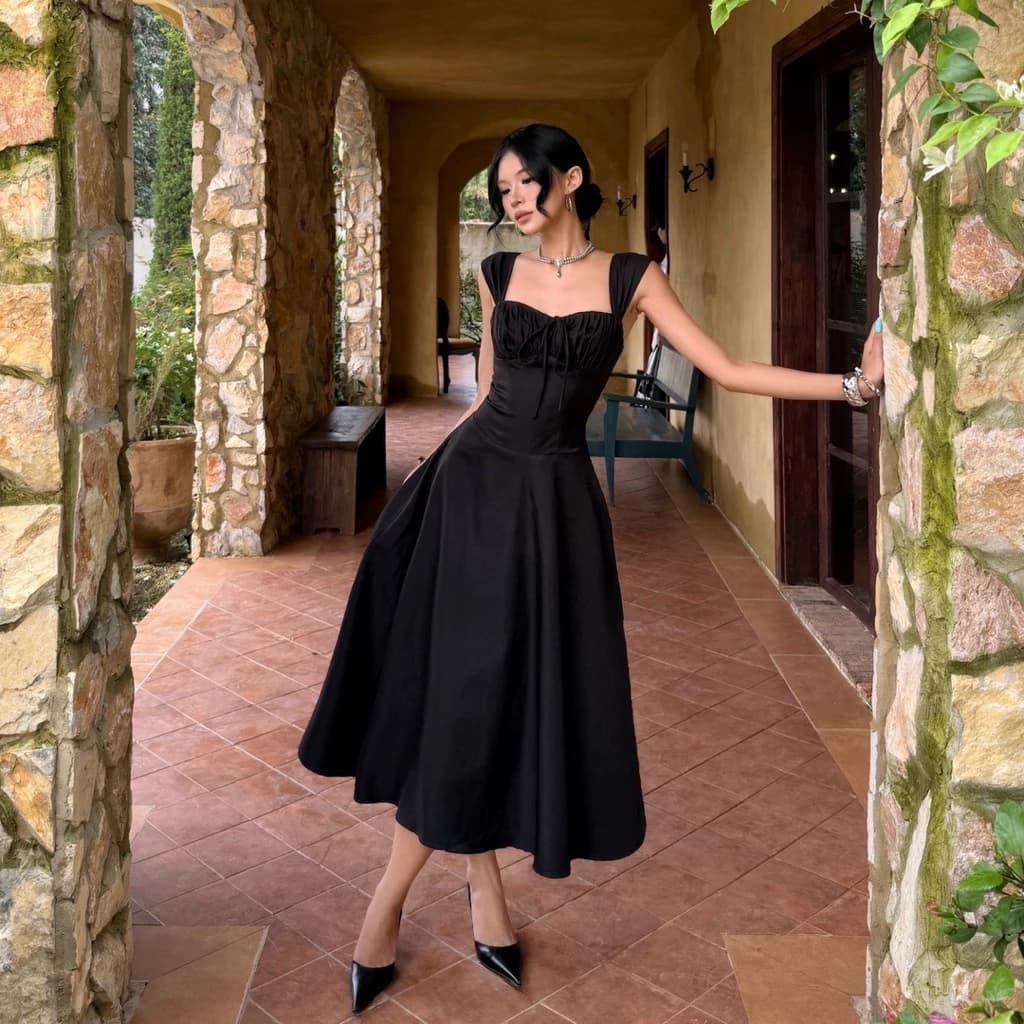 [FLORUS]-Đầm Dự Tiệc Aura Dress Midi Vintage Tiểu Thư Cao Cấp, Váy Dáng Xòe Phong Cách Châu Âu.