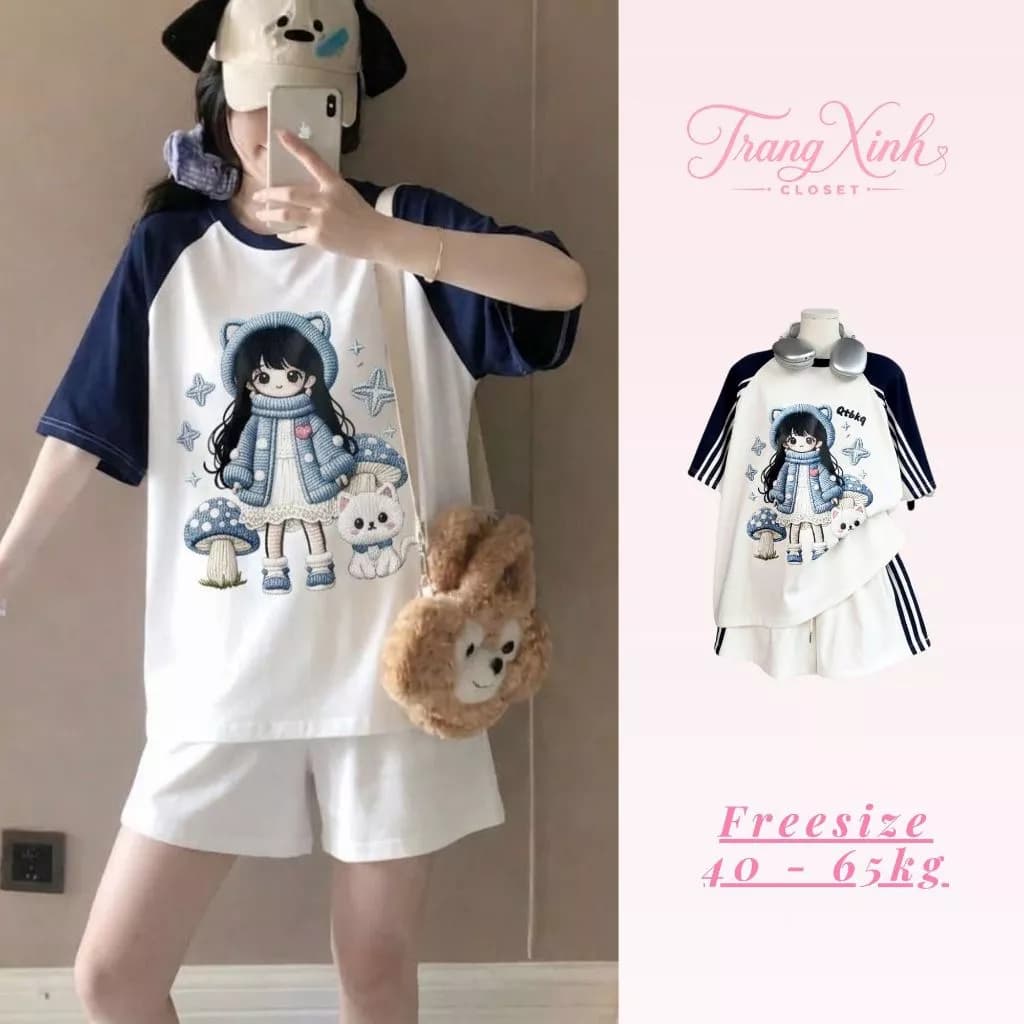 Bộ Đùi Nữ Hình Cô Bé Tay Kẻ Sọc Set Quần Áo Măc Nhà Thoáng Mát Thấm Hút Mồ Hồi TX24