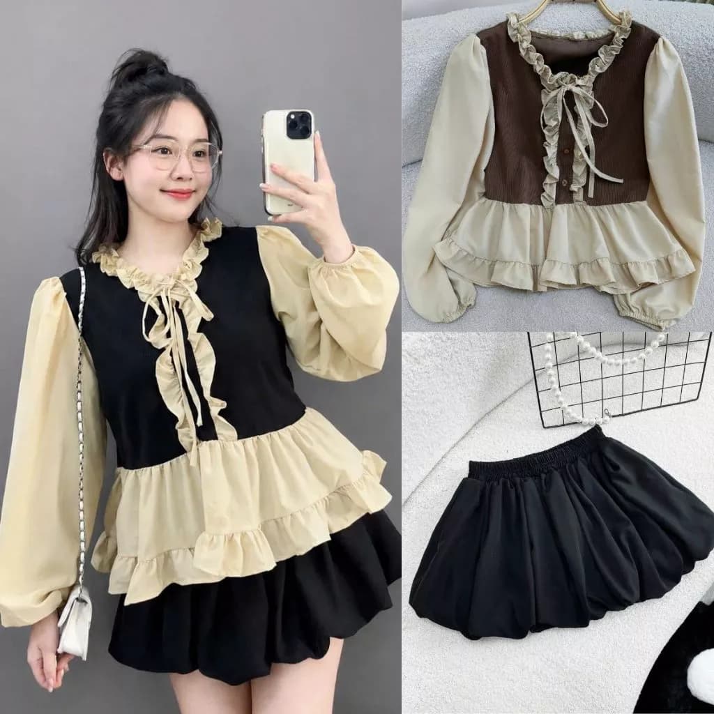 Sét váy tiểu thư nữ Bigsize, thân áo chất vải nỉ tăm phối vải xoa mềm, có dây cột eo dễ thương xinh xắn -A336+CV413