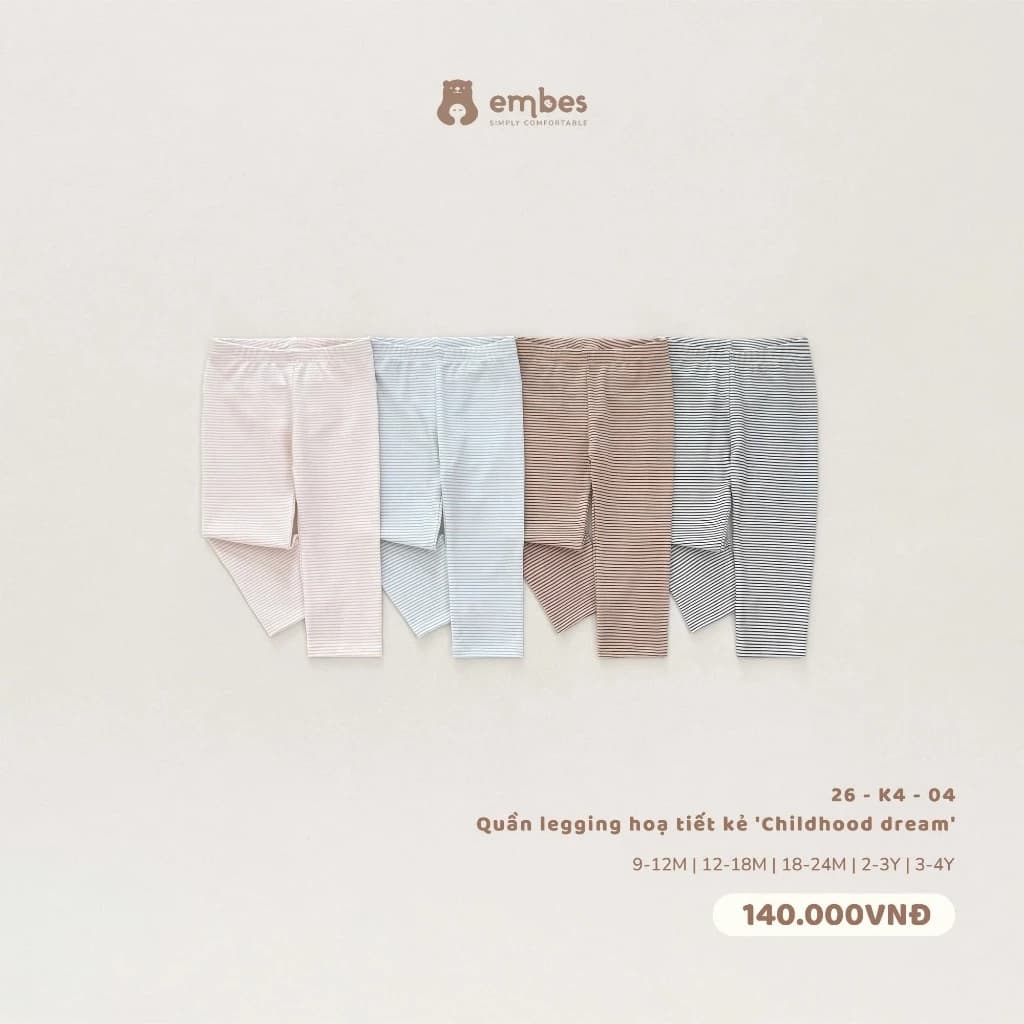 Quần Legging Cho Bé Embes, Quần Legging Họa Tiết Kẻ Ngang Chất Lycocell Cho Bé Trai Bé Gái Từ 8-18kg