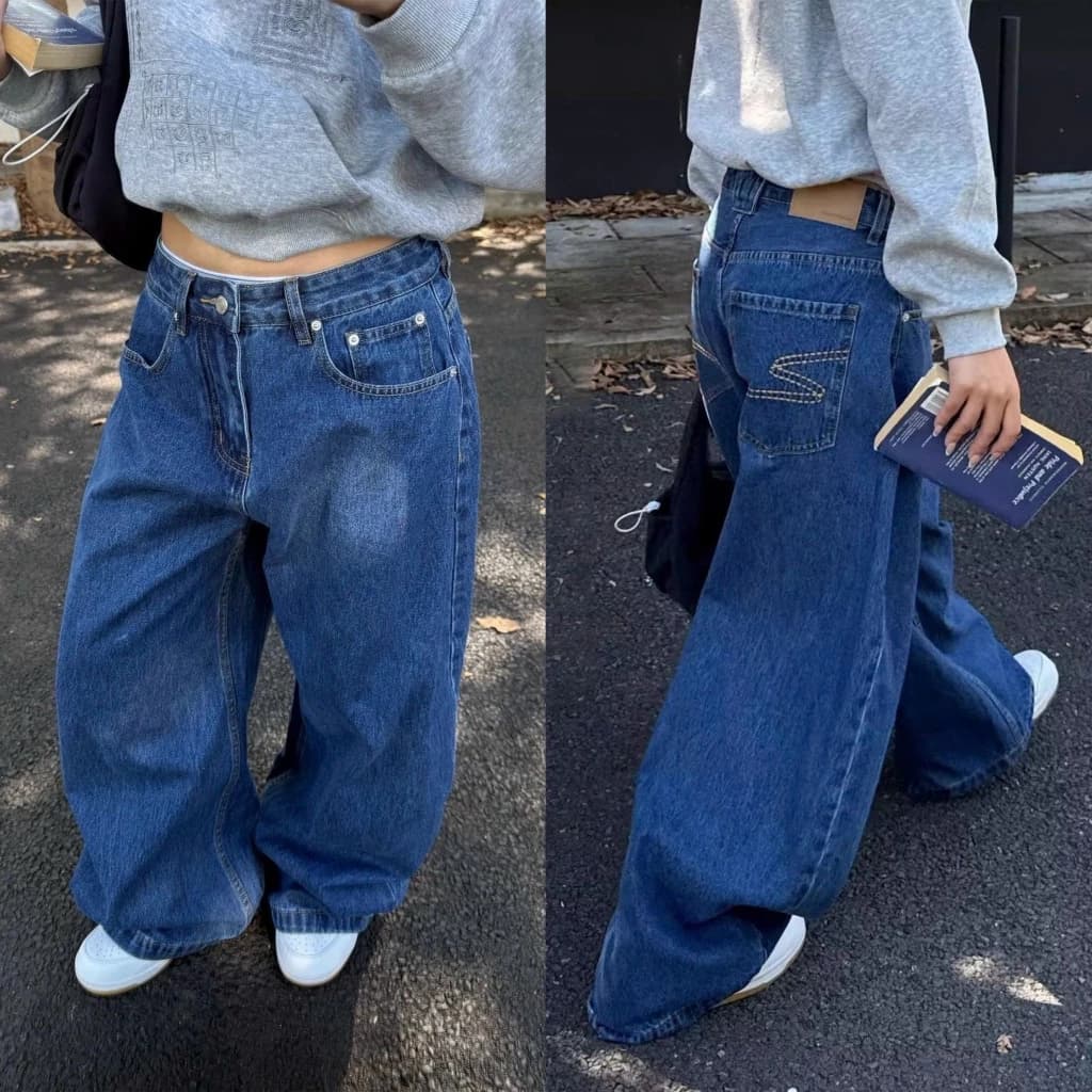 Quần jean unisex ống rộng màu xanh đậm trơn cạp vừa - Tiktik