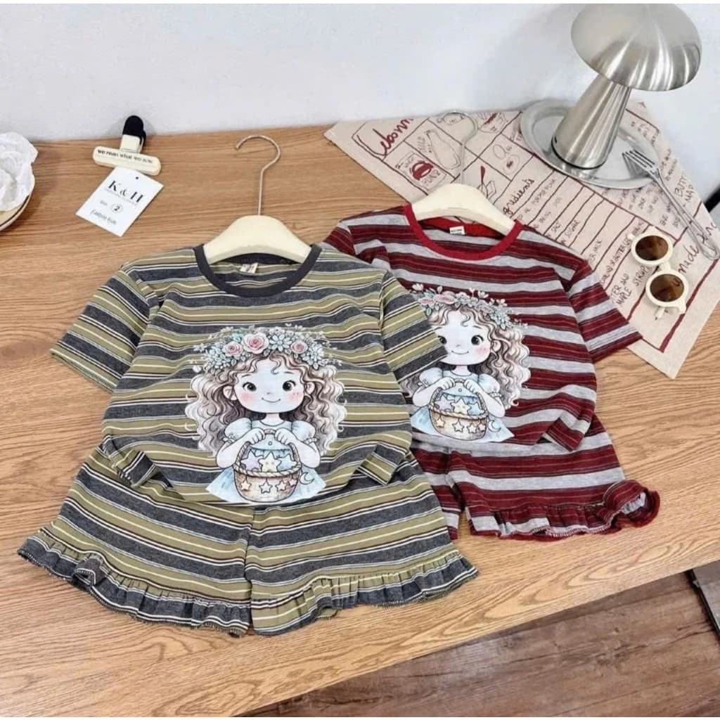 Bộ quần áo ngắn tay in họa tiết bé gái chất cotton xu co dãn (ms65)
