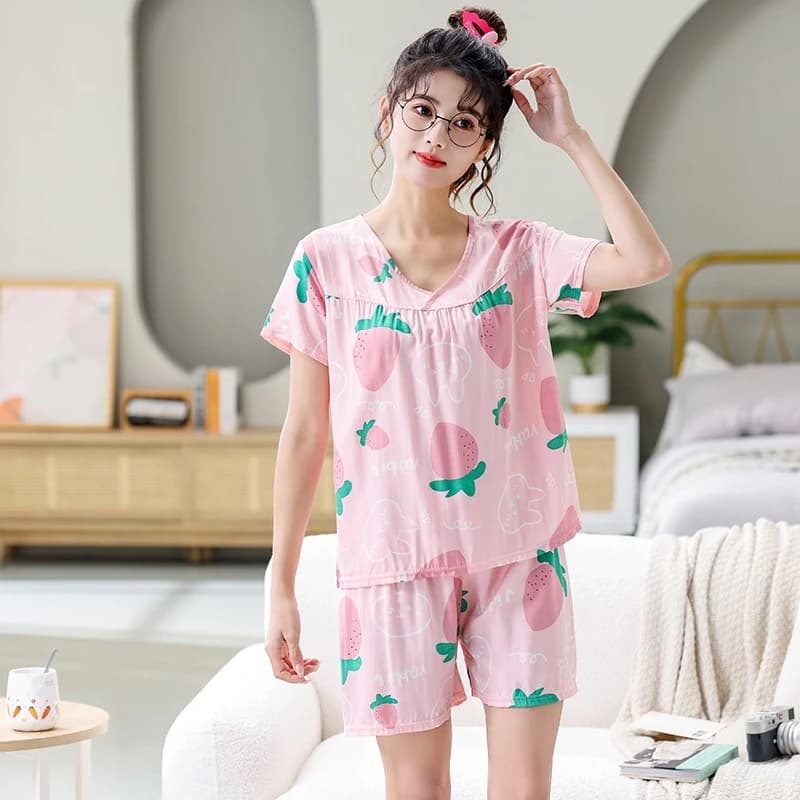 Bộ đồ mặc nhà mùa hè cho nữ vải lanh áo cộc tay quần đùi thoáng mát, họa tiết trẻ trung size từ 45 đến 80kg