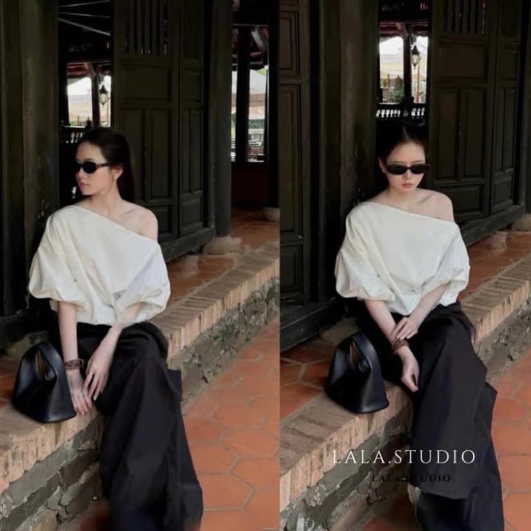 LALASTUDIO• Áo sơ mi lệch vai tay bồng dáng bo chun  kèm quần ống dài ống thụng cao cấp tiểu thư sang chảnh