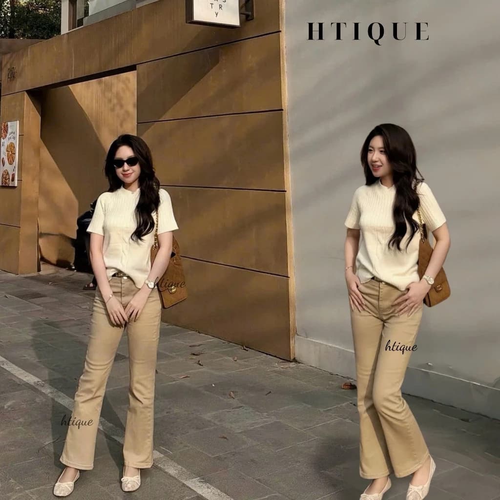 HTIQUE - Deal mở bán Quần jean ống đứng be cát sang trọng, Quần jean nữ thanh lịch dễ mix đồ QB07