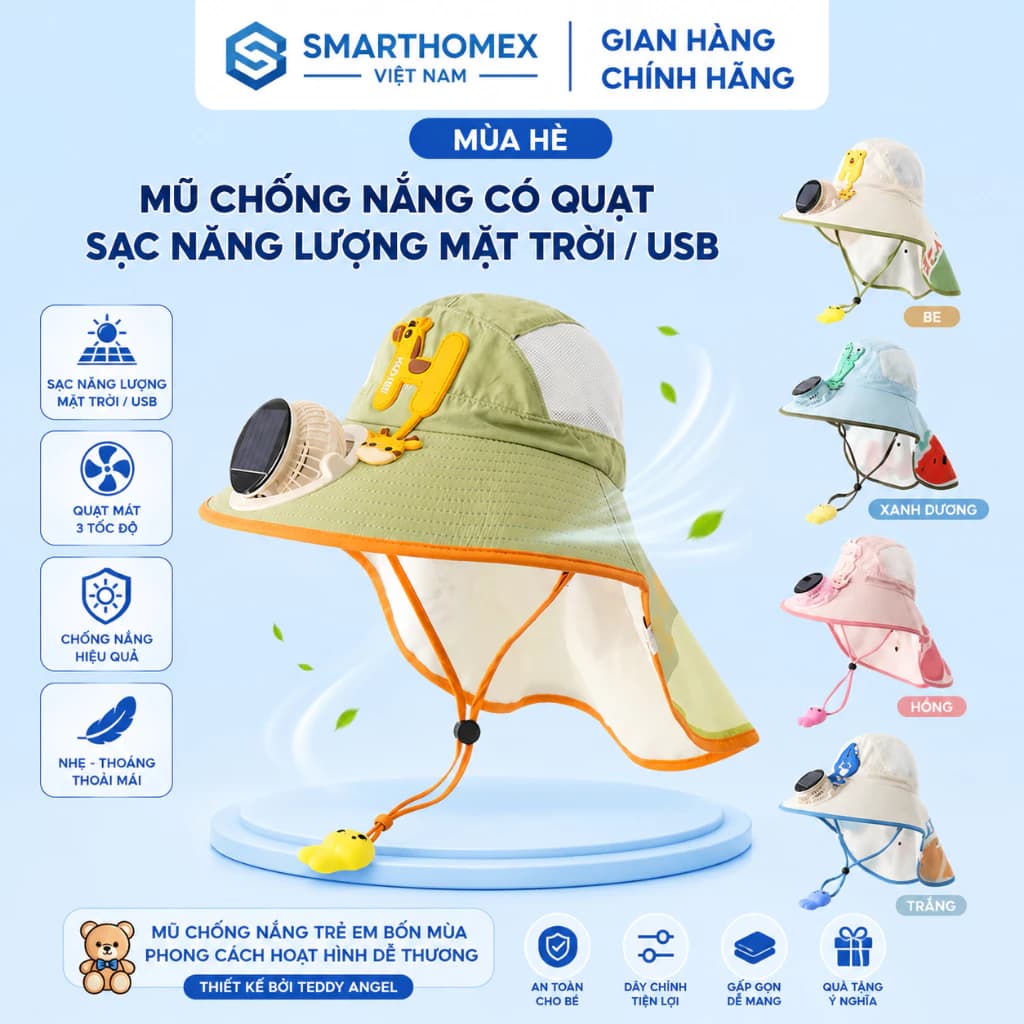 Mũ Che Nắng Cho Bé Tích Hợp Quạt Mini – Sạc USB & Năng Lượng Mặt Trời, Mũ Rộng Vành Che Gáy Siêu Mát