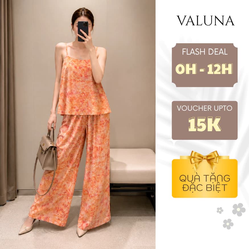 Set Áo Hai Dây Họa Tiết Loang Nghệ Thuật Phối Quần Suông Ống Rộng Mềm Mát Cao Cấp VALUNA STORE 2680
