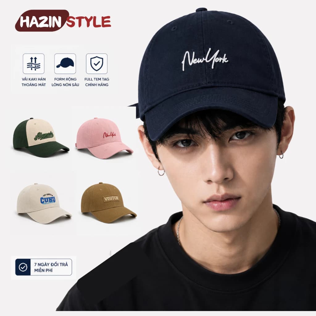 Mũ Lưỡi Trai Nam Nữ HAZIN Thêu Nổi Vintage, Mũ Kaki Form Cứng Unisex, Nón Kết Phong Cách Hàn Quốc