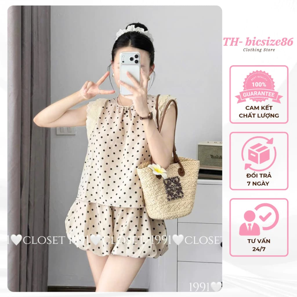 Set áo kiểu nữ babydoll phối ren kèm chân váy bí chấm bi form 45-60kg