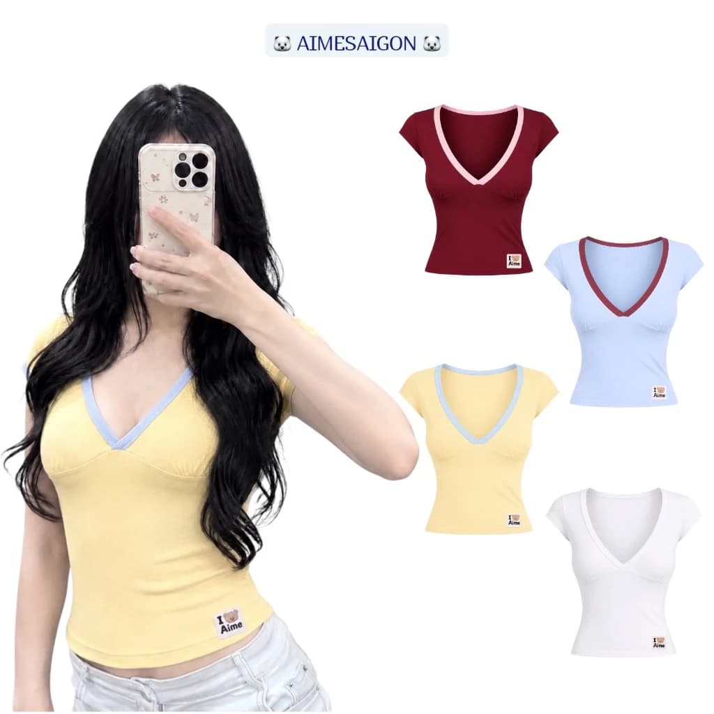[SẴN HOẢ TỐC] Aimesaigon Áo Thun Ôm Tay Ngắn Tay Nhí Cổ Tim Borip Mùa Hè Ôm Tôn Dáng Mềm Mịn "Tyra Top" - AKIEU02