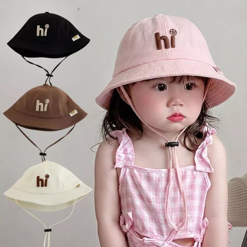 Mũ Bucket Cho Bé 2-6 Tuổi Thêu Chữ Hi, Mũ Chống Nắng Trẻ Em Có Dây Quai Điều Chỉnh Cho Bé 2-6 Tuổi