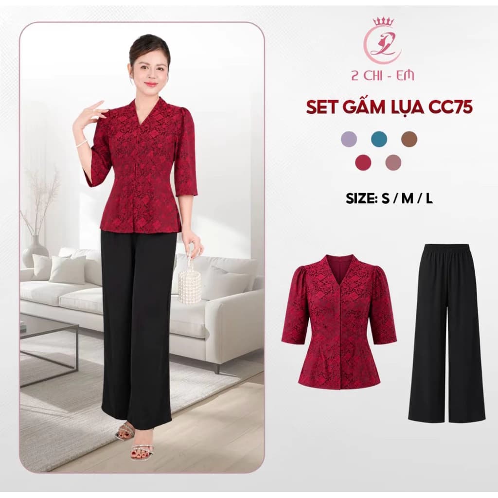 Đồ bộ trung niên gấm lụa sang trọng CC75 – Quần suông, áo cổ kiểu thanh lịch cho mẹ yêu