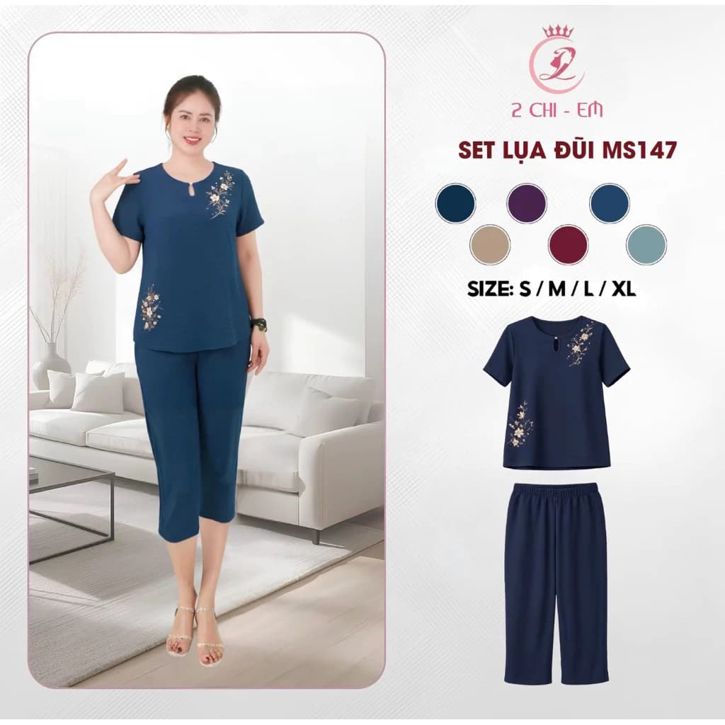 Đồ bộ trung niên, đồ cho các mẹ, quần lửng suông, chất lụa đũi thoáng mát  Ms147