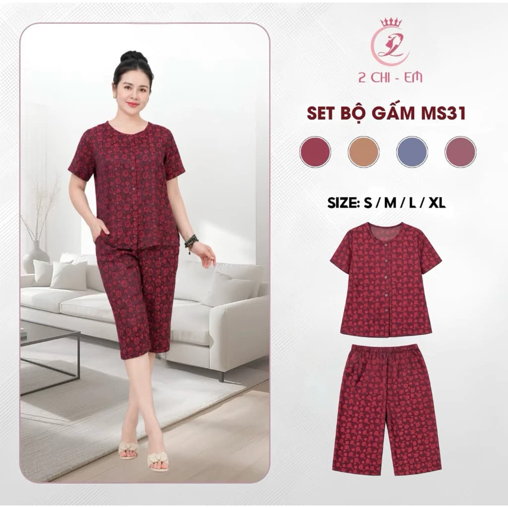 Đồ bộ trung niên, Sét đồ kiểu  cho các mẹ,quần lửng suông, chất gấm hai da thoáng mát  Ms131