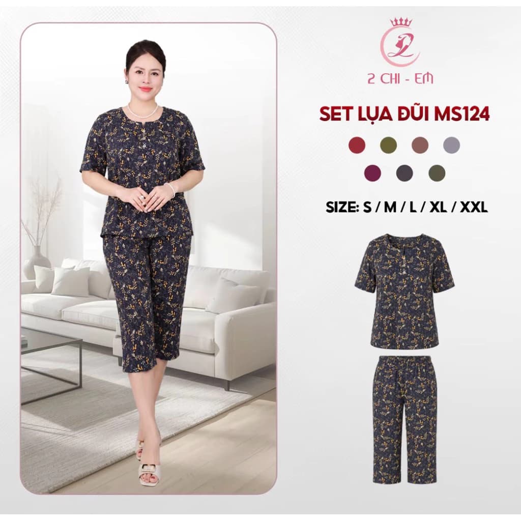 Đồ bộ trung niên, Sét đồ kiểu cho các mẹ, quần lửng suông, chất liệu lụa hàn thoáng mát  Ms124