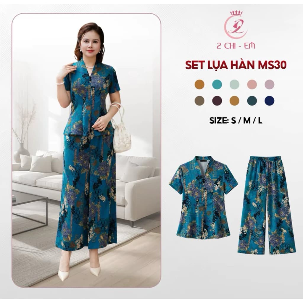 Set đồ bộ trung niên cách điệu lụa Hàn Châu nhập Ms30 – Áo có cổ sang trọng, quần ống rộng giả váy mềm mát