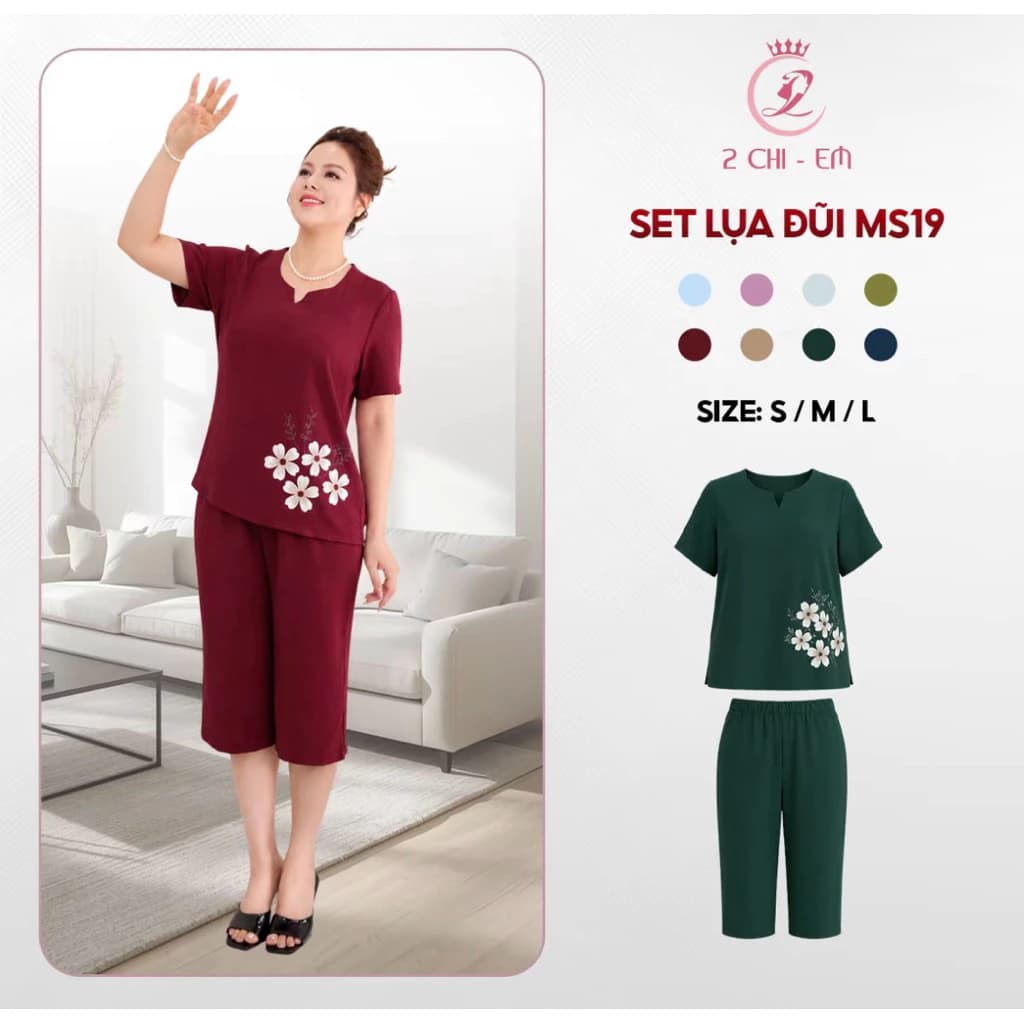 Set đồ bộ trung niên Ms19 – Lụa đũi cao cấp, mát nhẹ, quần lửng suông, áo cổ tròn dễ mặc