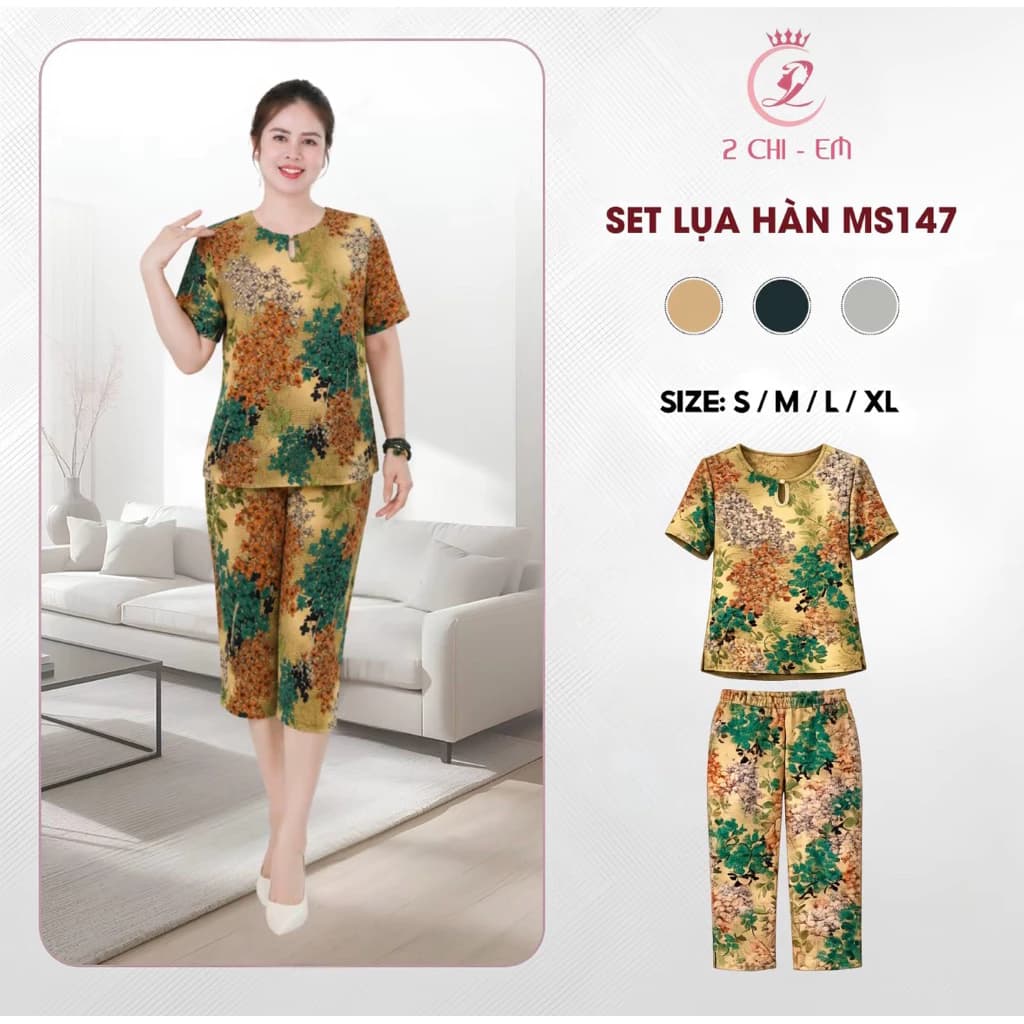 MS147 Đồ bộ trung niên, đồ cho các mẹ, quần lửng suông, chất lụa hàn thoáng mát